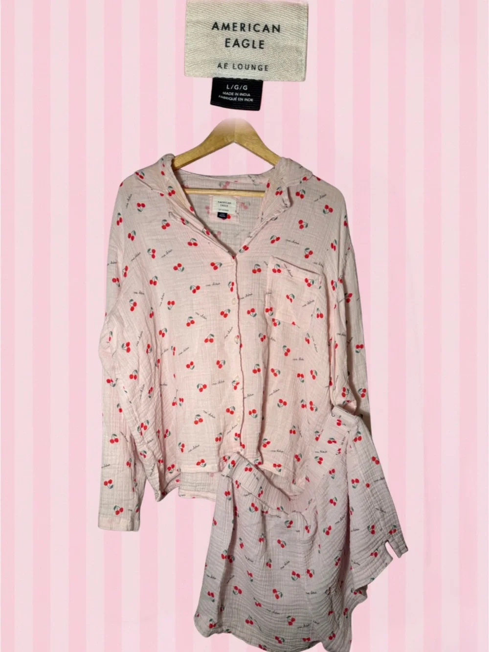 American Eagle Outfitters Pink Cherry-Print Button Front Sleep Shirt